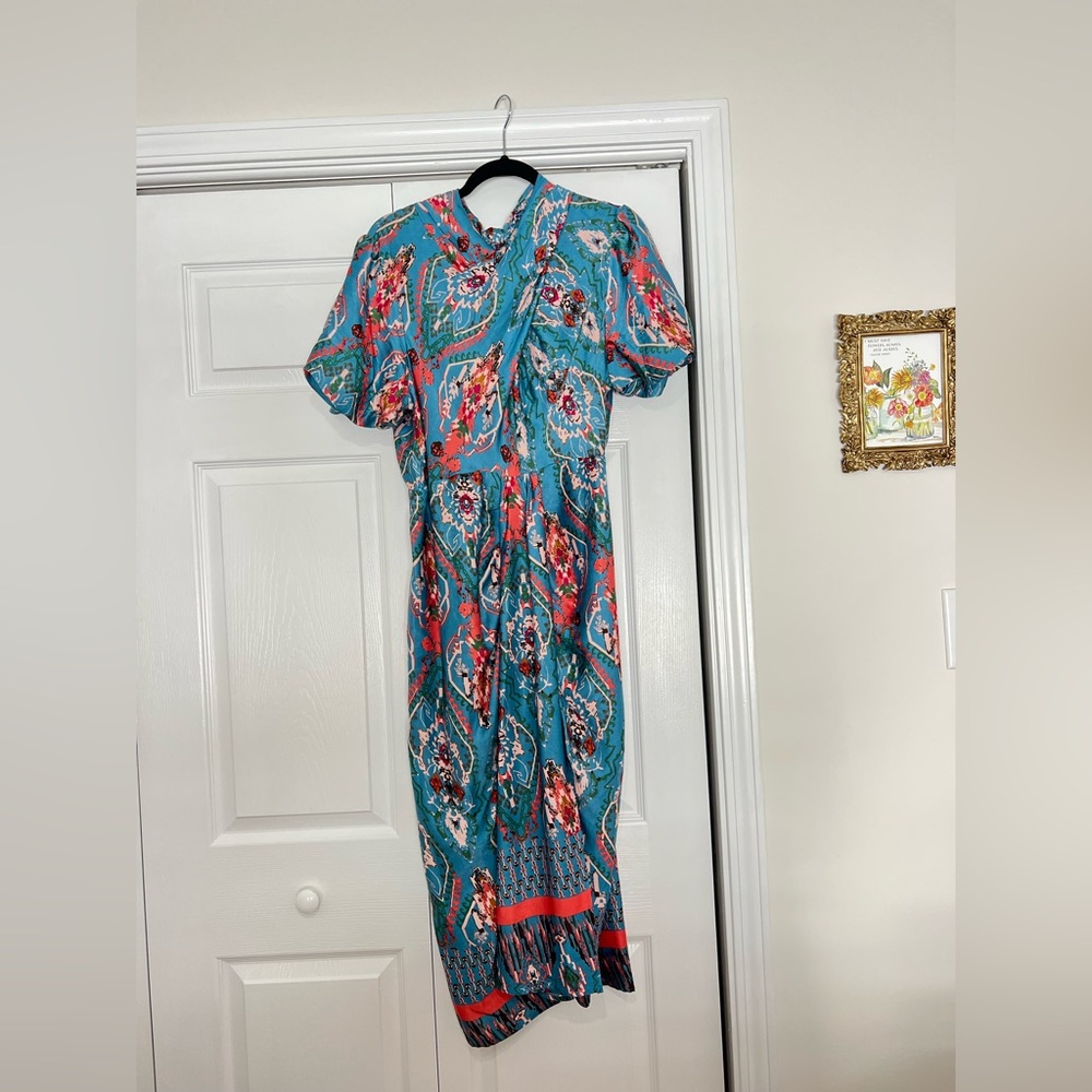 Entro Teal and Coral Patterned Midi Dress